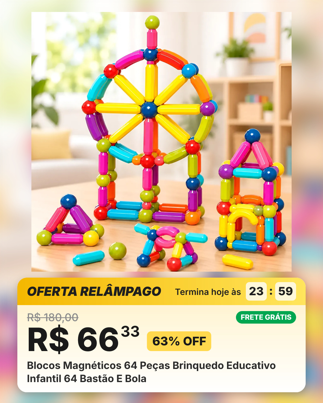 Blocos Magnéticos 64 Peças Brinquedo Educativo Infantil 64 Bastão E Bola