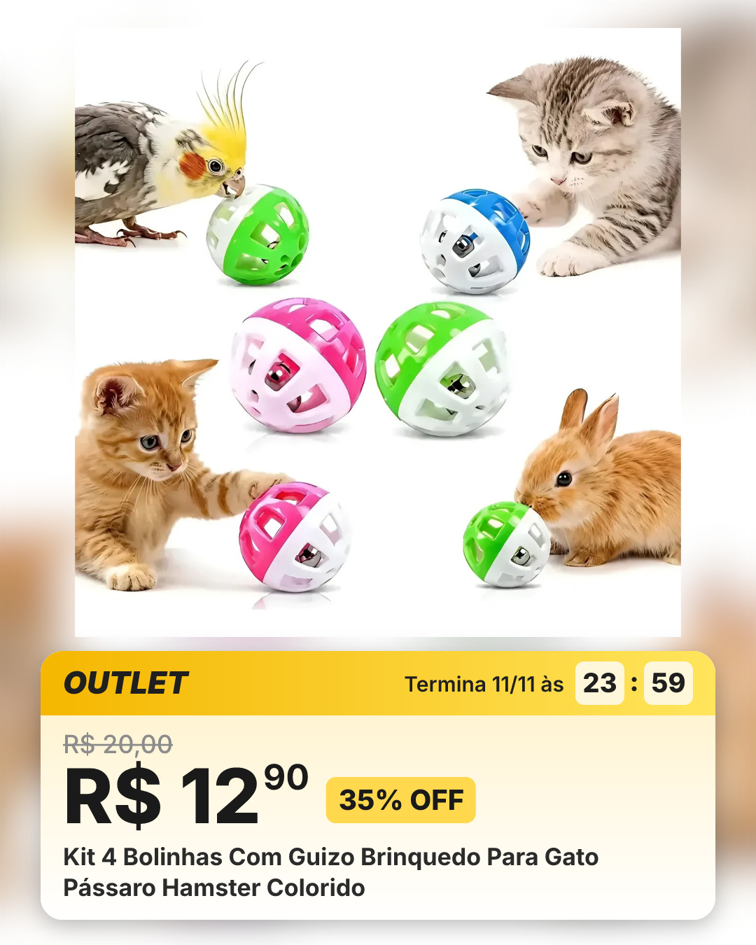 Kit 4 Bolinhas Com Guizo Brinquedo Para Gato Pássaro Hamster Colorido