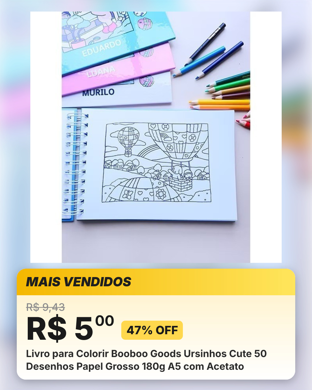 Livro para Colorir Booboo Goods Ursinhos Cute 50 Desenhos Papel Grosso 180g A5 com Acetato
