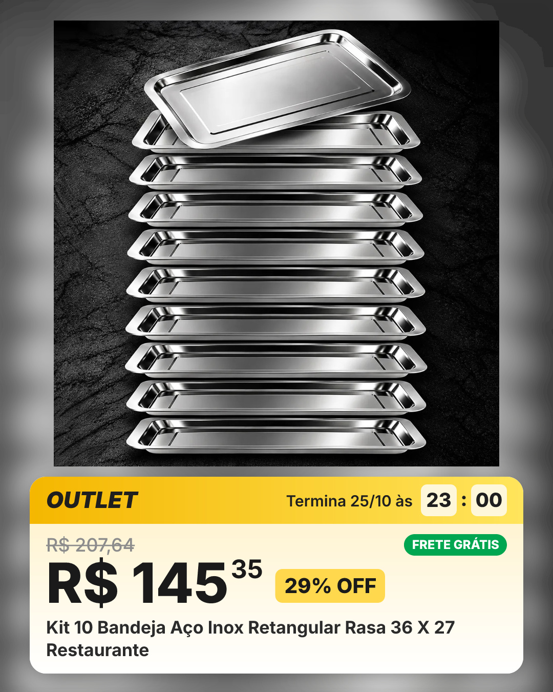 Kit 10 Bandeja Aço Inox Retangular Rasa 36 X 27 Restaurante