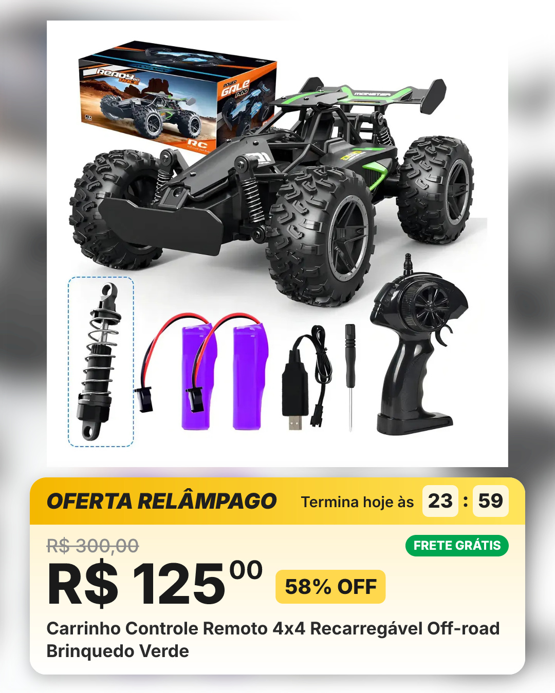 Carrinho Controle Remoto 4x4 Recarregável Off-road Brinquedo Verde