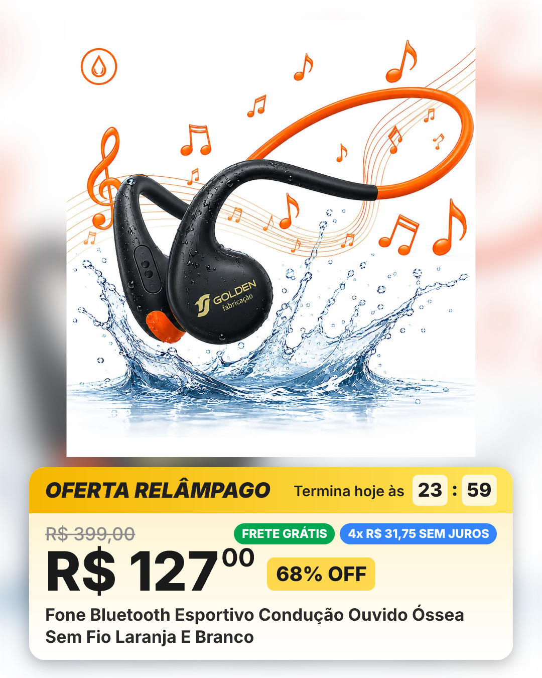 Fone Bluetooth Esportivo Condução Ouvido Óssea Sem Fio Laranja E Branco