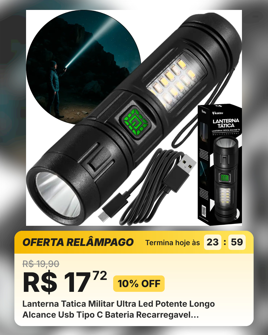 Lanterna Tatica Militar Ultra Led Potente Longo Alcance Usb Tipo C Bateria Recarregavel Profissional Branco Preto