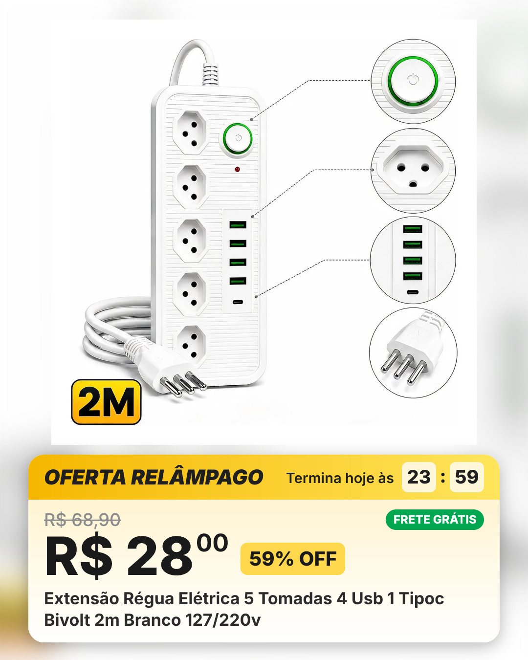 Extensão Régua Elétrica 5 Tomadas 4 Usb 1 Tipoc Bivolt 2m Branco 127/220v