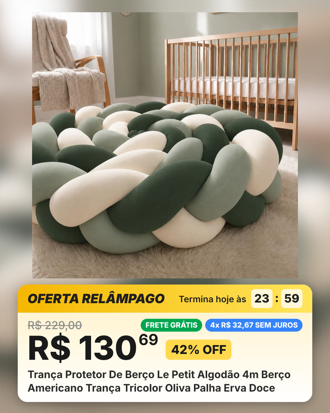 Trança Protetor De Berço Le Petit Algodão 4m Berço Americano Trança Tricolor Oliva Palha Erva Doce