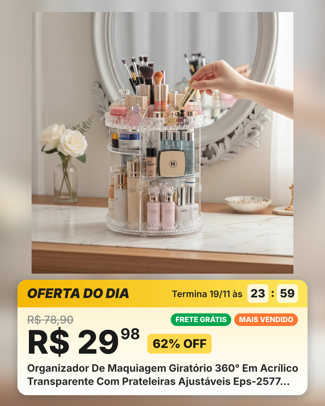 Organizador De Maquiagem Giratório 360° Em Acrílico Transparente Com Prateleiras Ajustáveis Eps-2577 Epsilon