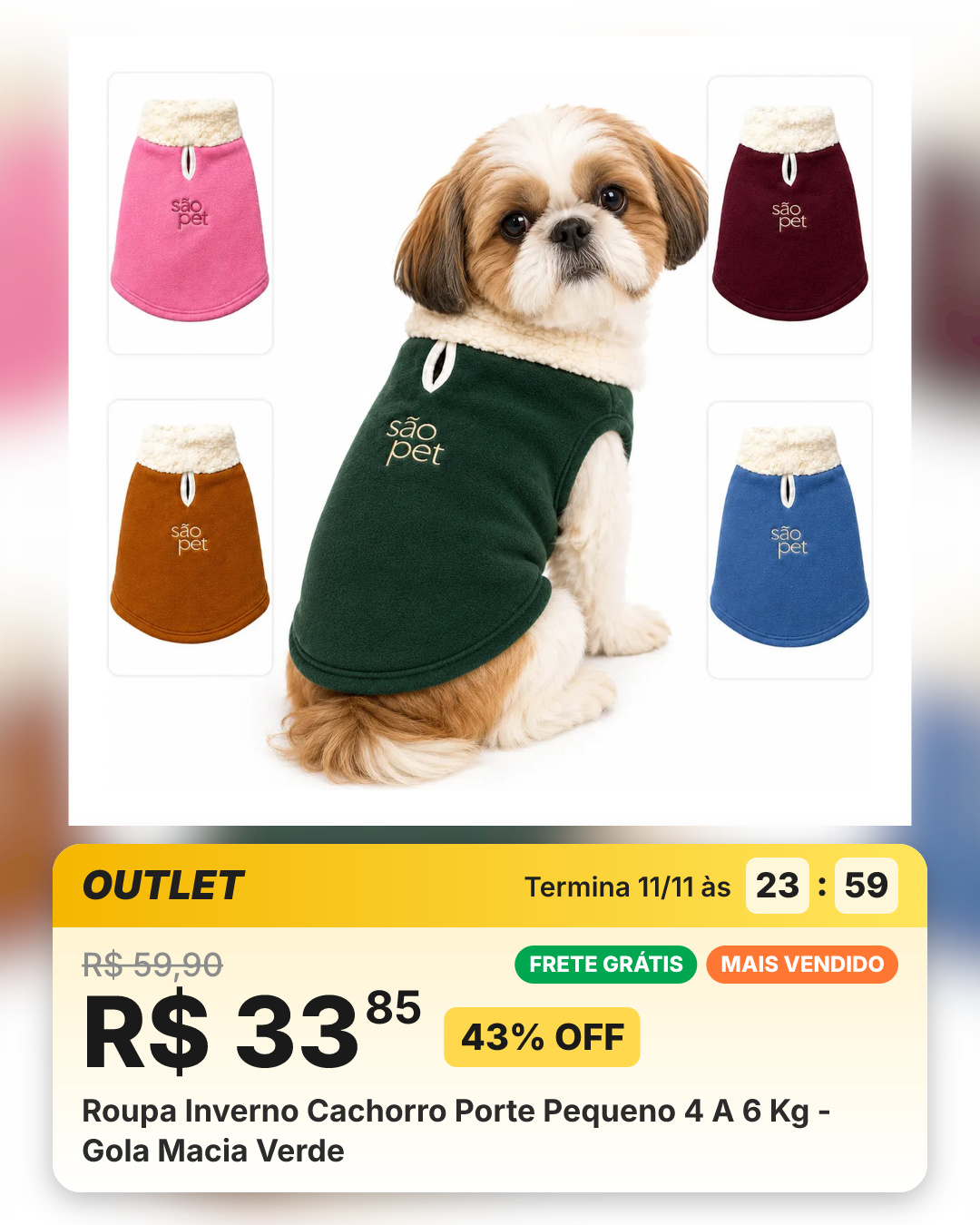 Roupa Inverno Cachorro Porte Pequeno 4 A 6 Kg - Gola Macia Verde