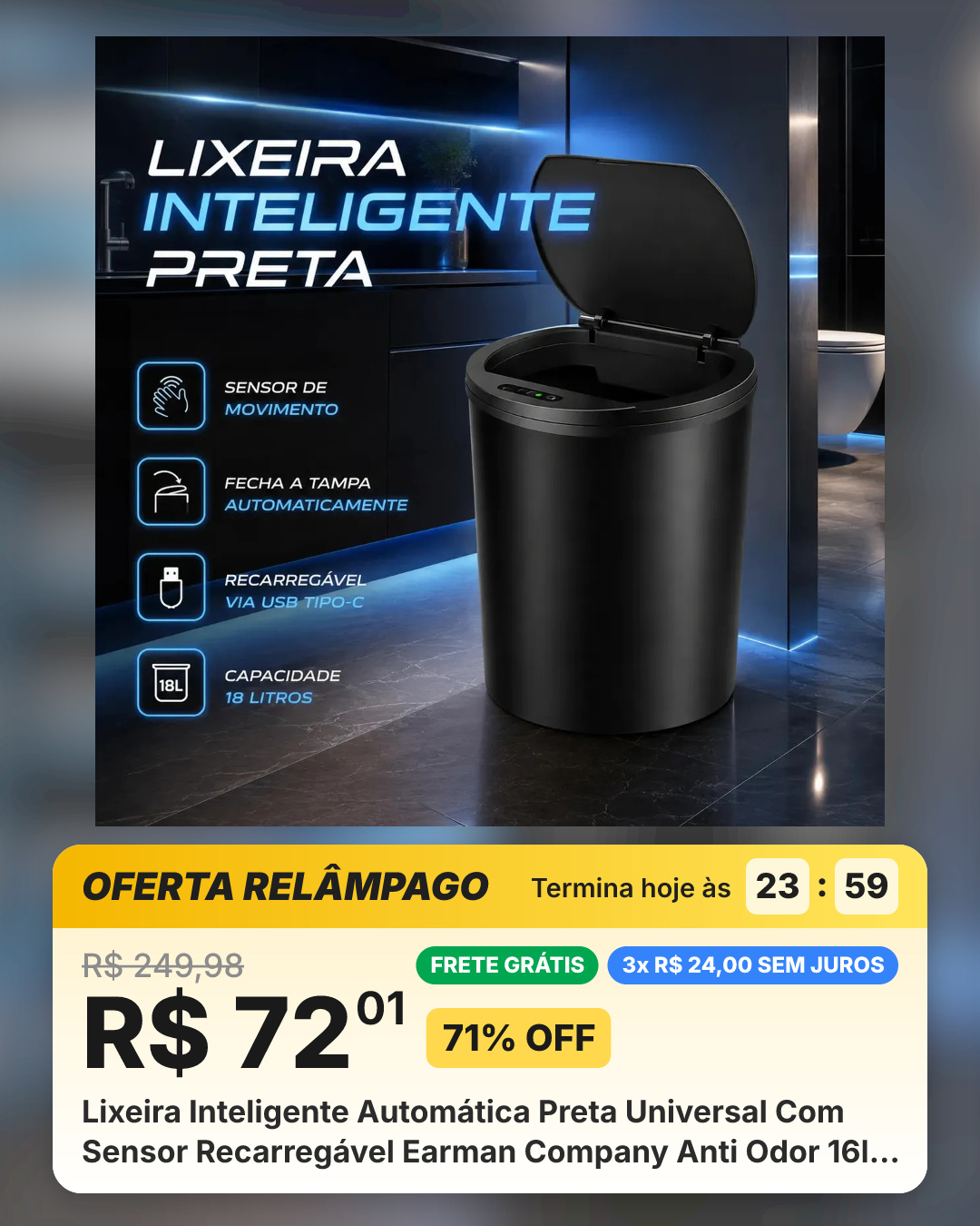 Lixeira Inteligente Automática Preta Universal Com Sensor Recarregável Earman Company Anti Odor 16l Recarregável Usb Abre Sozinha Preto