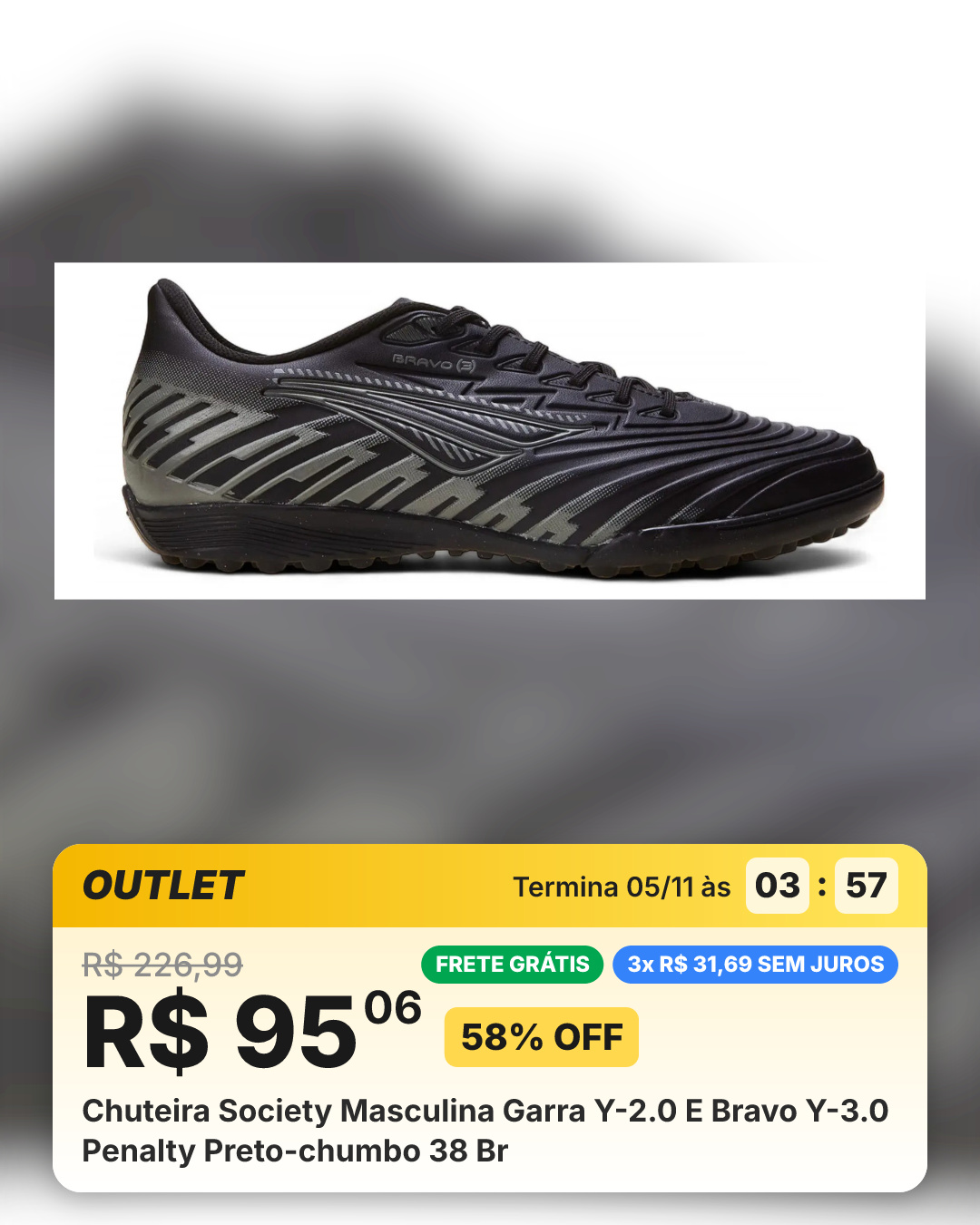 Chuteira Society Masculina Garra Y-2.0 E Bravo Y-3.0 Penalty Preto-chumbo 38 Br