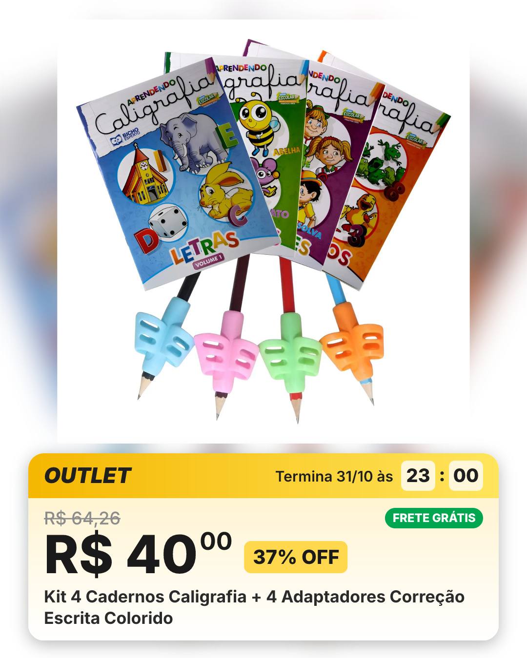 Kit 4 Cadernos Caligrafia + 4 Adaptadores Correção Escrita Colorido