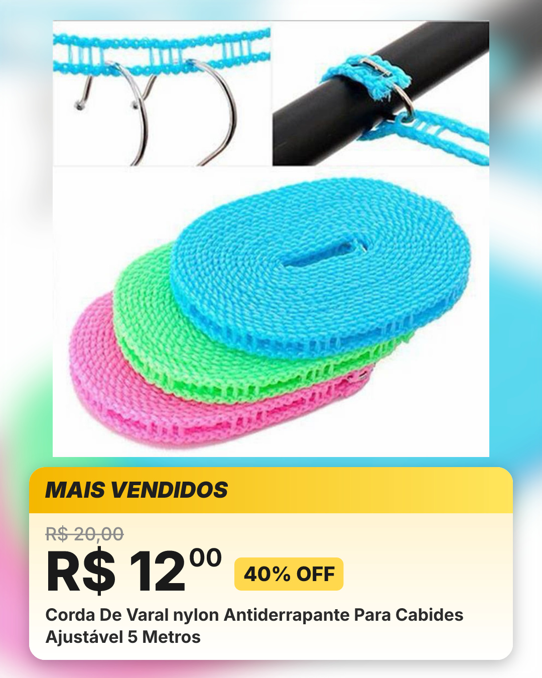 Corda De Varal nylon Antiderrapante Para Cabides Ajustável 5 Metros