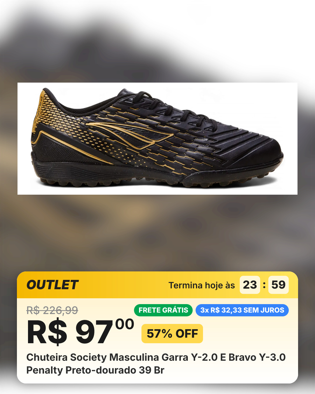 Chuteira Society Masculina Garra Y-2.0 E Bravo Y-3.0 Penalty Preto-dourado 39 Br