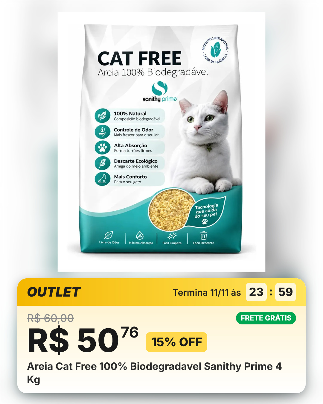 Areia Cat Free 100% Biodegradavel Sanithy Prime 4 Kg
