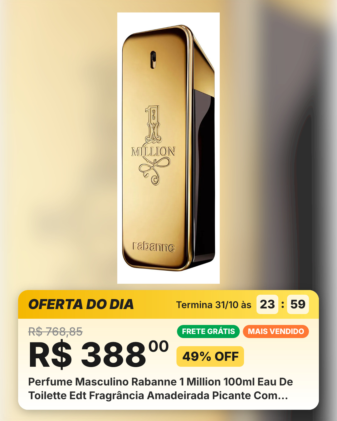 Perfume Masculino Rabanne 1 Million 100ml Eau De Toilette Edt Fragrância Amadeirada Picante Com Couro E Âmbar