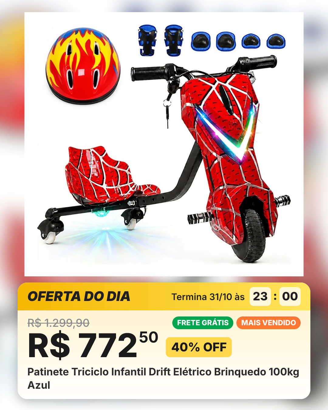Patinete Triciclo Infantil Drift Elétrico Brinquedo 100kg Azul