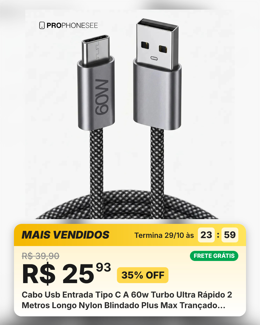 Cabo Usb Entrada Tipo C A 60w Turbo Ultra Rápido 2 Metros Longo Nylon Blindado Plus Max Trançado Reforçado Resistente... Cinza