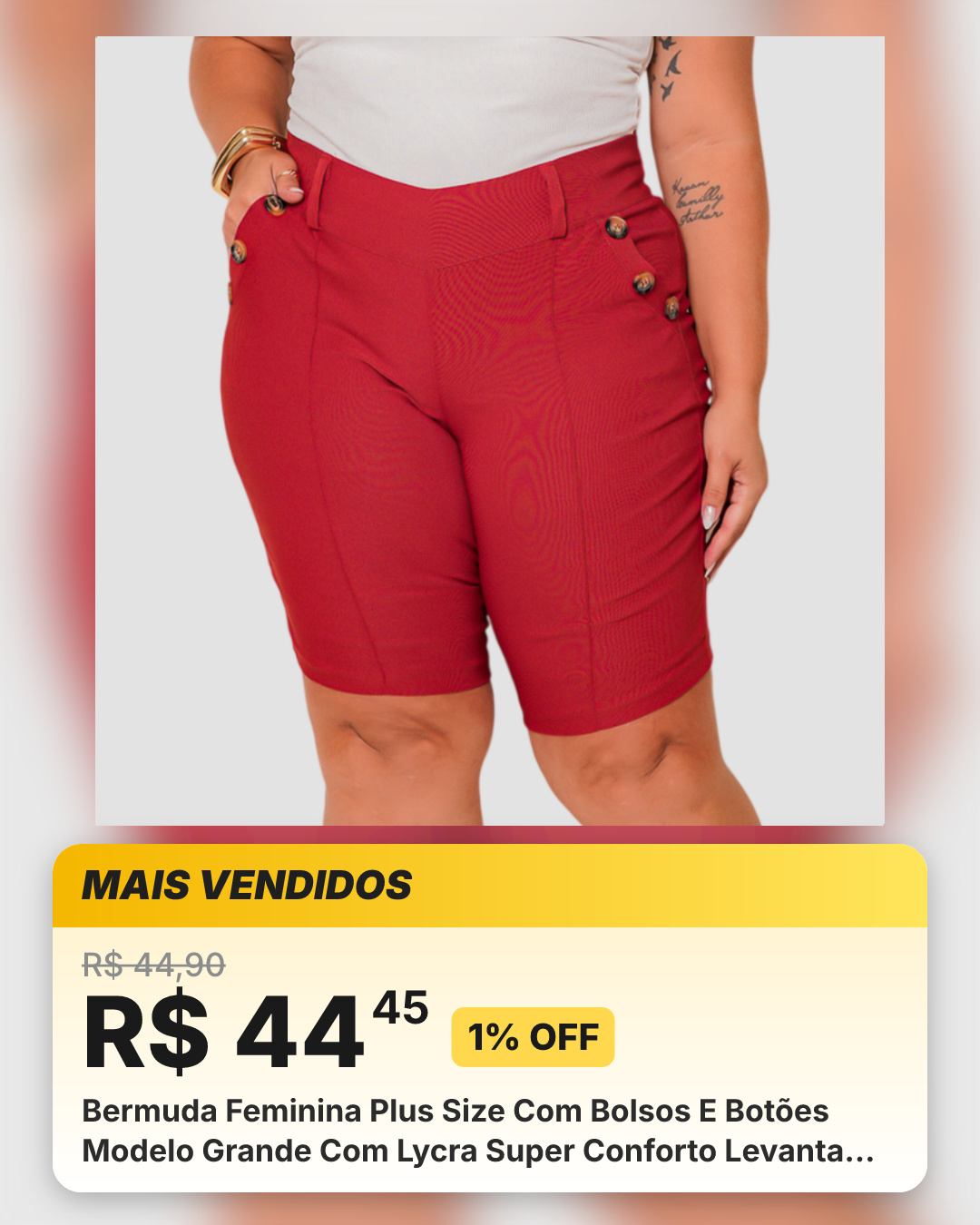Bermuda Feminina Plus Size Com Bolsos E Botões Modelo Grande Com Lycra Super Conforto Levanta Bumbum