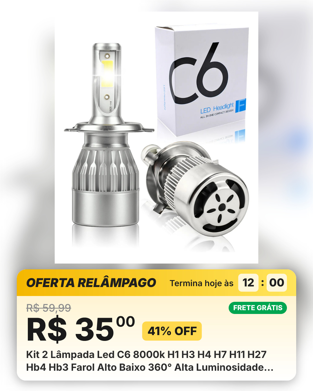 Kit 2 Lâmpada Led C6 8000k H1 H3 H4 H7 H11 H27 Hb4 Hb3 Farol Alto Baixo 360° Alta Luminosidade H4 Prateado