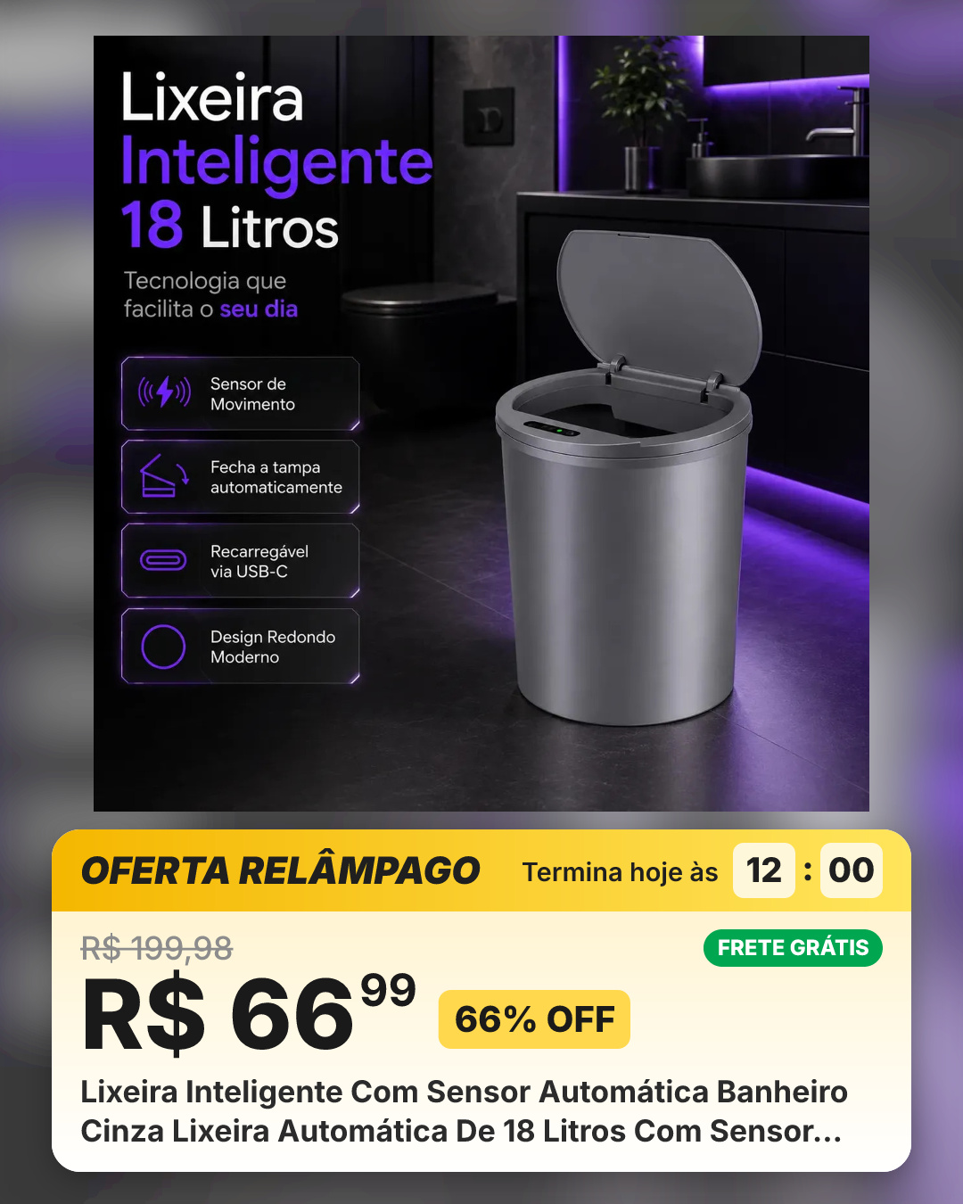 Lixeira Inteligente Com Sensor Automática Banheiro Cinza Lixeira Automática De 18 Litros Com Sensor Balde Lixo Adequada Para Cozinha E Banheiro Modelo