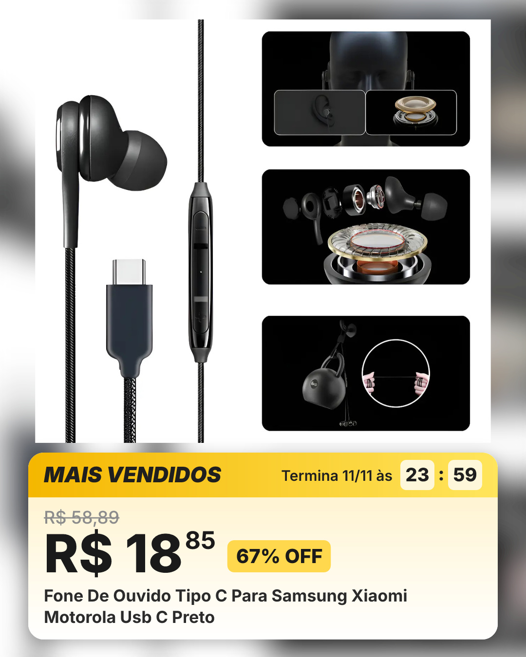 Fone De Ouvido Tipo C Para Samsung Xiaomi Motorola Usb C Preto