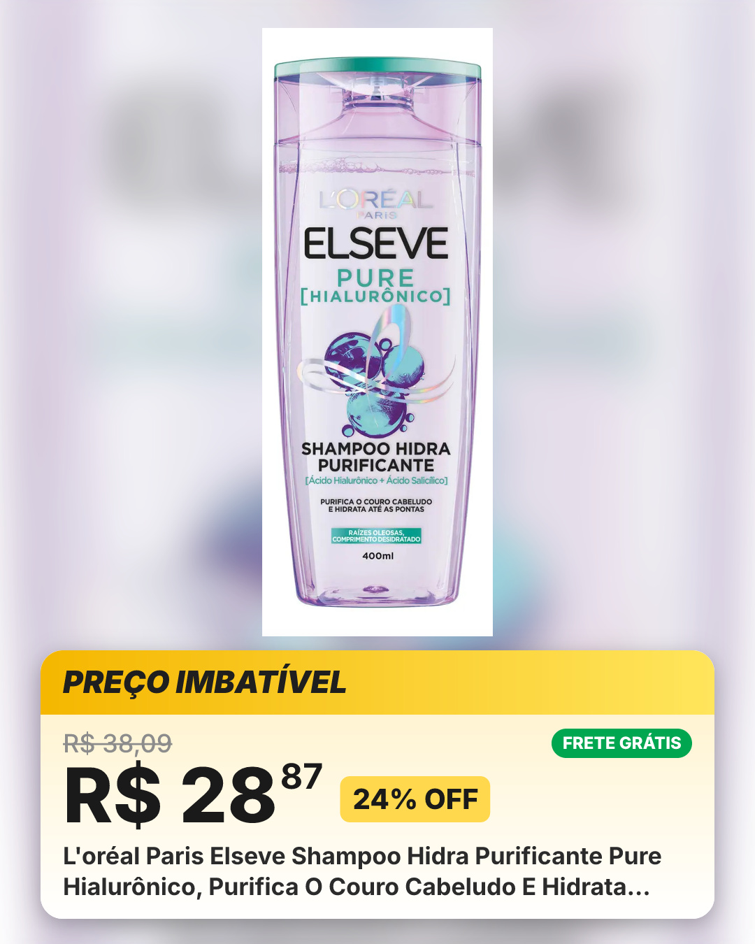 L'oréal Paris Elseve Shampoo Hidra Purificante Pure Hialurônico, Purifica O Couro Cabeludo E Hidrata Até As Pontas, 400ml