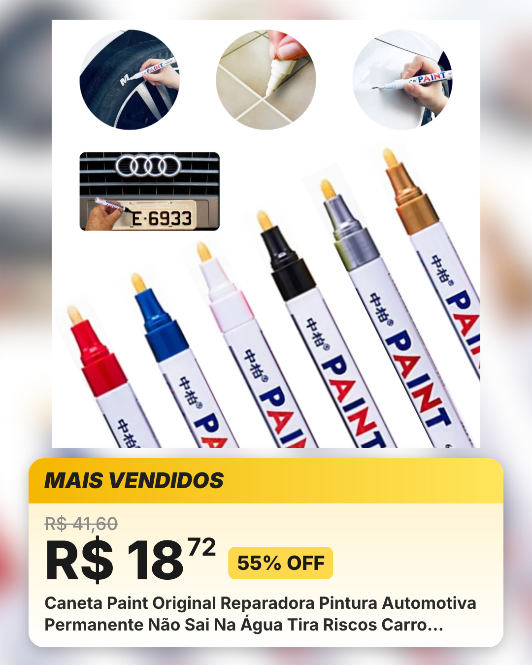Caneta Paint Original Reparadora Pintura Automotiva Permanente Não Sai Na Água Tira Riscos Carro Moto Retoque de Placa Tênis Pneus para Ferro Metal Madeira Plástico Gesso Vidro Couro Tecido Cores Preto Branco Prata (Cinza) Dourado Azul Vermelha