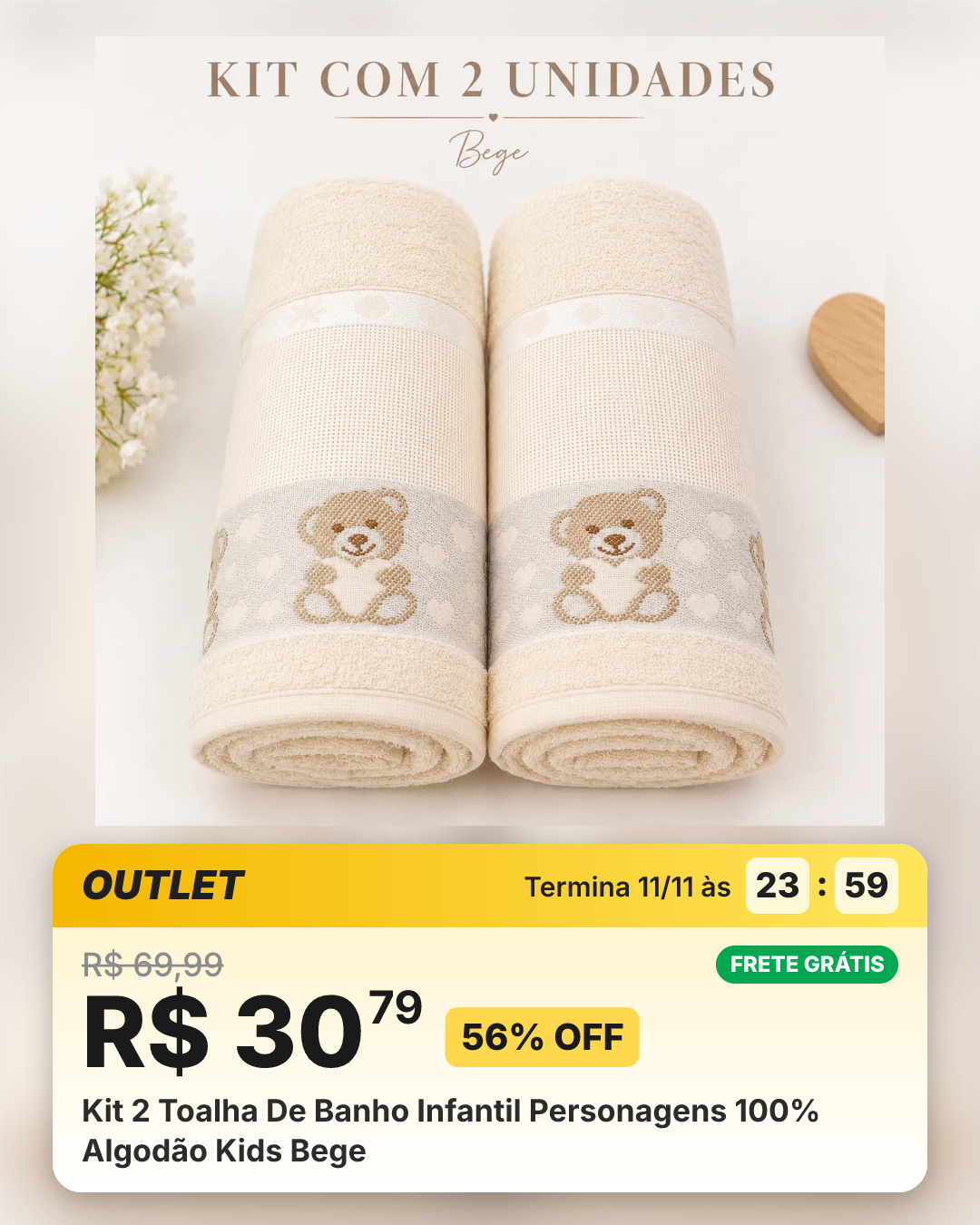 Kit 2 Toalha De Banho Infantil Personagens 100% Algodão Kids Bege