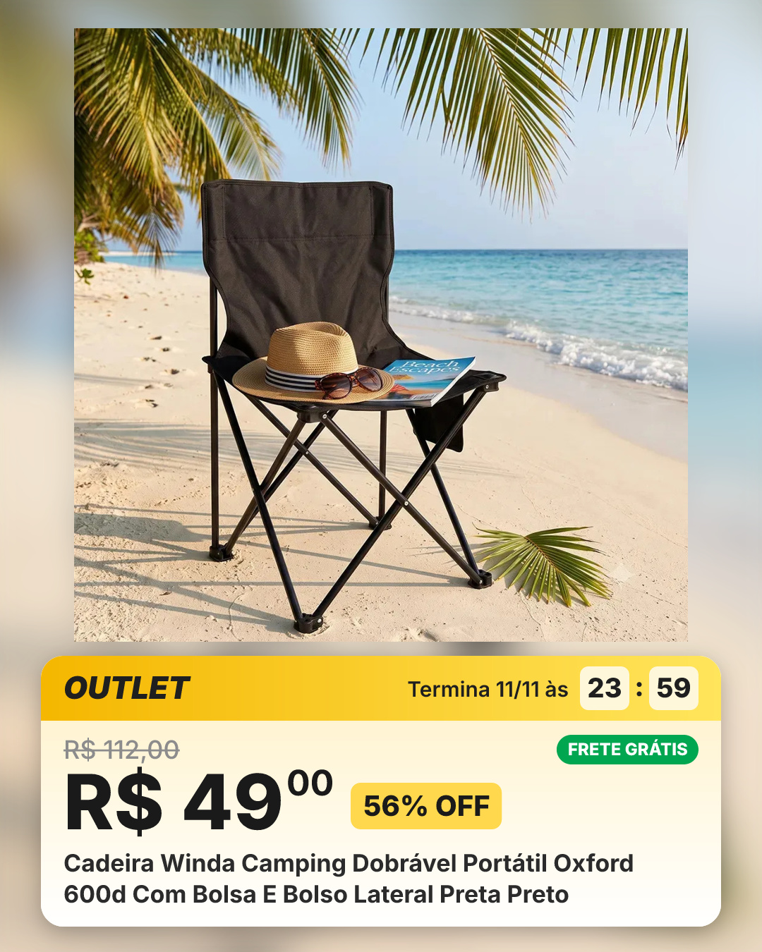 Cadeira Winda Camping Dobrável Portátil Oxford 600d Com Bolsa E Bolso Lateral Preta Preto