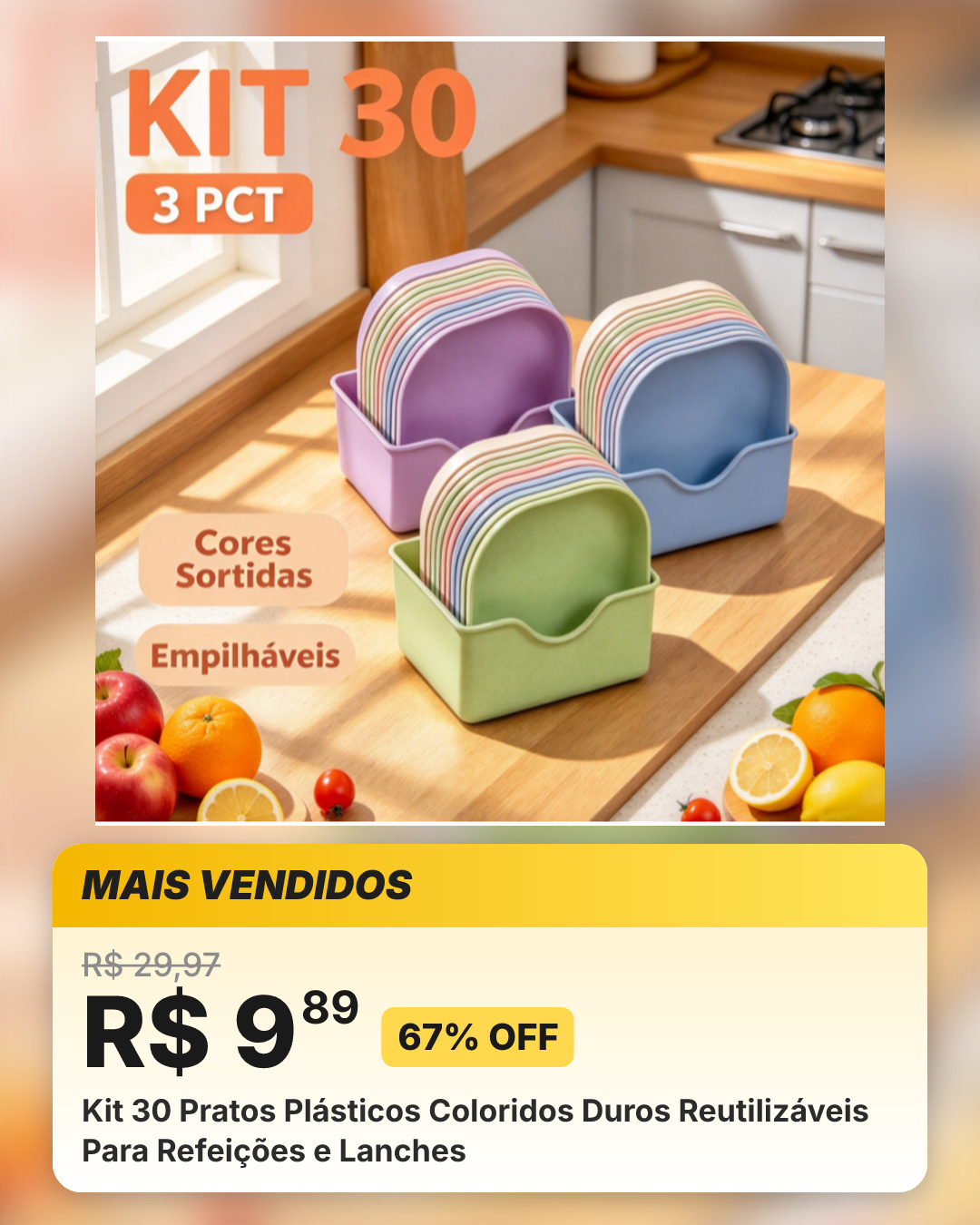 Kit 30 Pratos Plásticos Coloridos Duros Reutilizáveis Para Refeições e Lanches