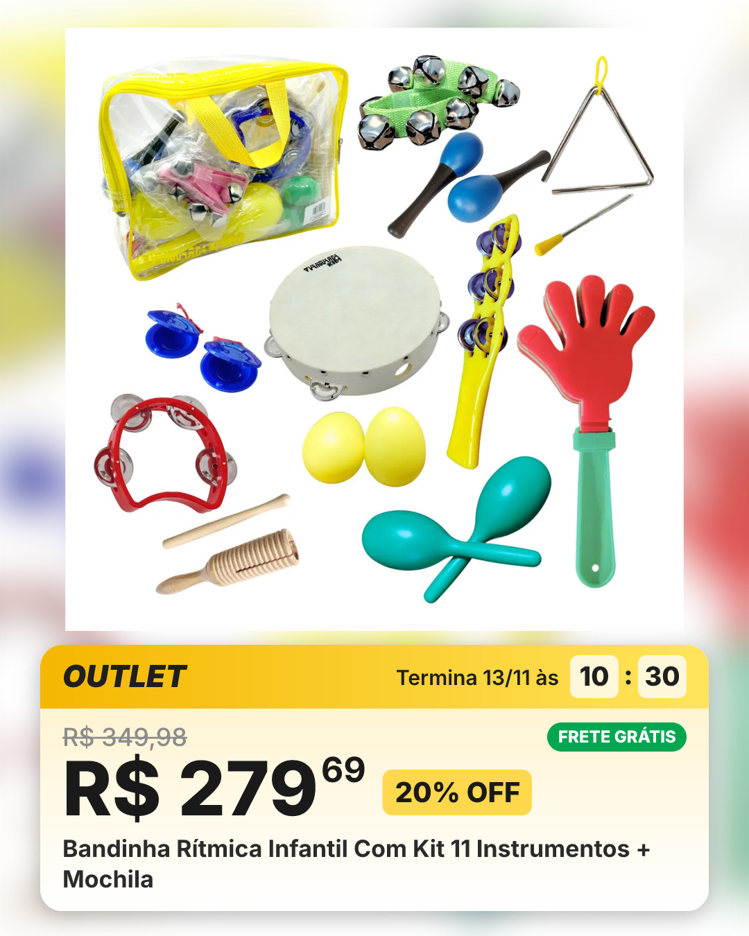 Bandinha Rítmica Infantil Com Kit 11 Instrumentos + Mochila