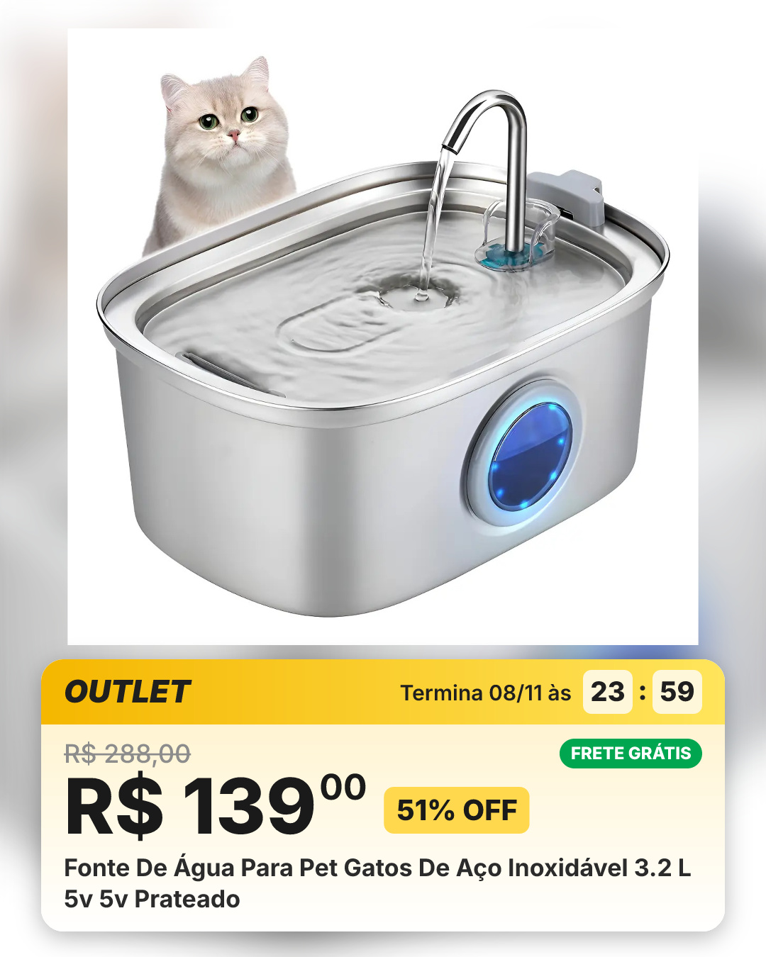 Fonte De Água Para Pet Gatos De Aço Inoxidável 3.2 L 5v 5v Prateado