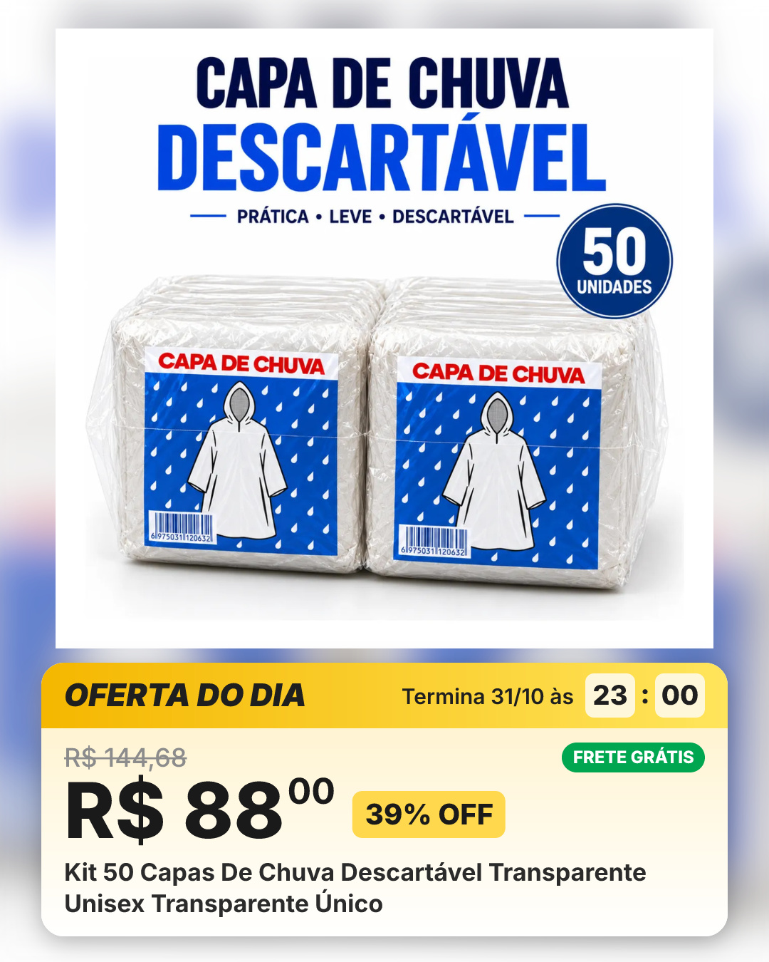 Kit 50 Capas De Chuva Descartável Transparente Unisex Transparente Único