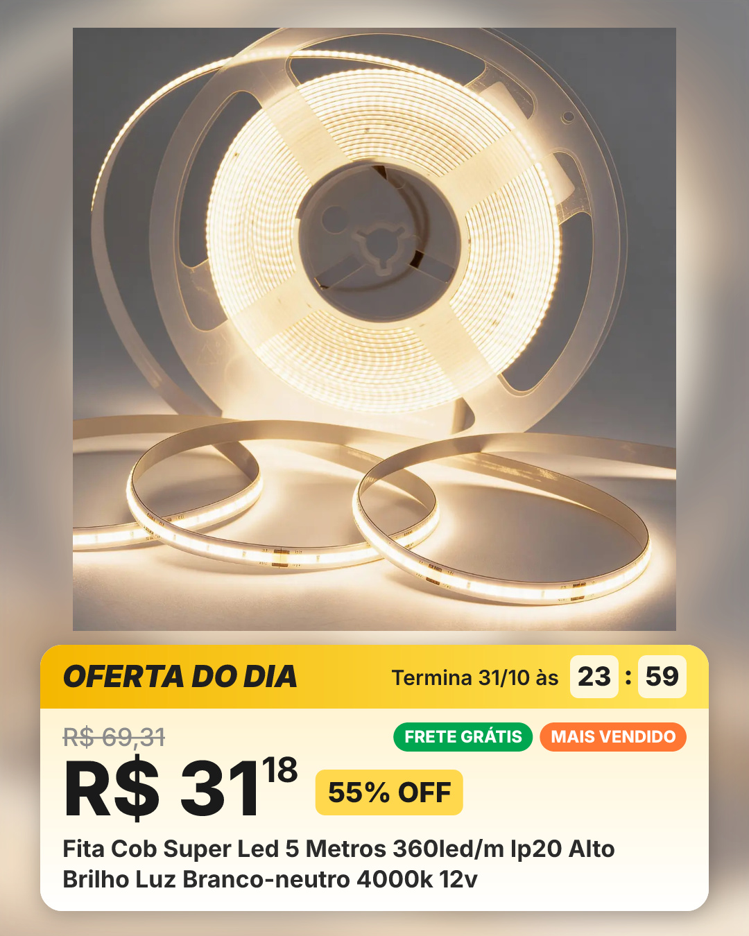 Fita Cob Super Led 5 Metros 360led/m Ip20 Alto Brilho Luz Branco-neutro 4000k 12v