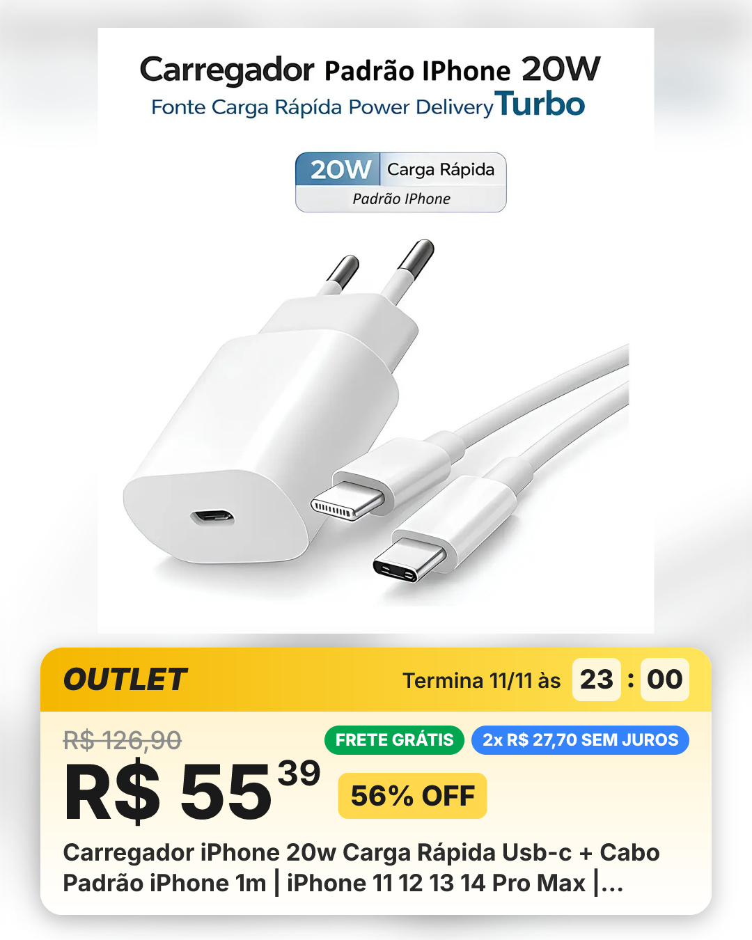 Carregador iPhone 20w Carga Rápida Usb-c + Cabo Padrão iPhone 1m | iPhone 11 12 13 14 Pro Max | Anatel Bivolt | Power Delivery | Fonte Vtr Branco