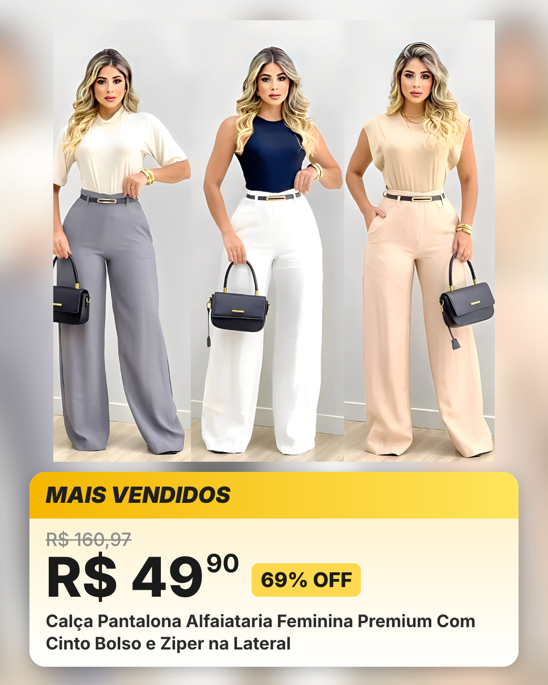 Calça Pantalona Alfaiataria Feminina Premium Com Cinto Bolso e Ziper na Lateral
