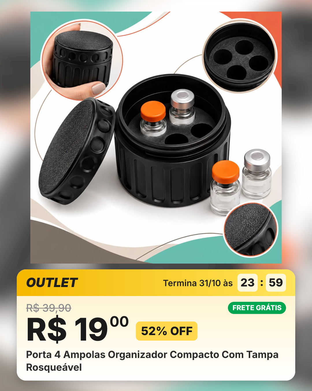 Porta 4 Ampolas Organizador Compacto Com Tampa Rosqueável
