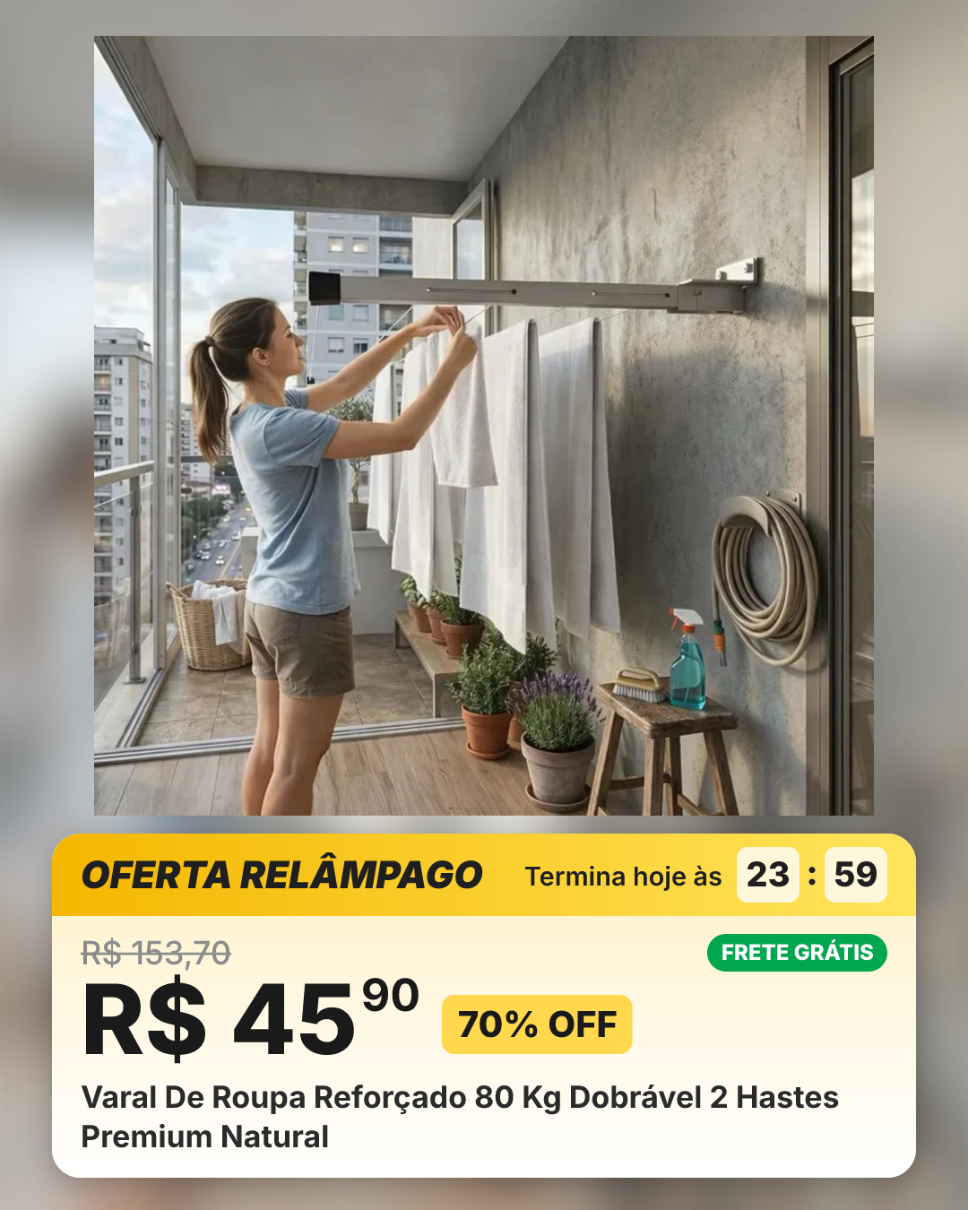 Varal De Roupa Reforçado 80 Kg Dobrável 2 Hastes Premium Natural
