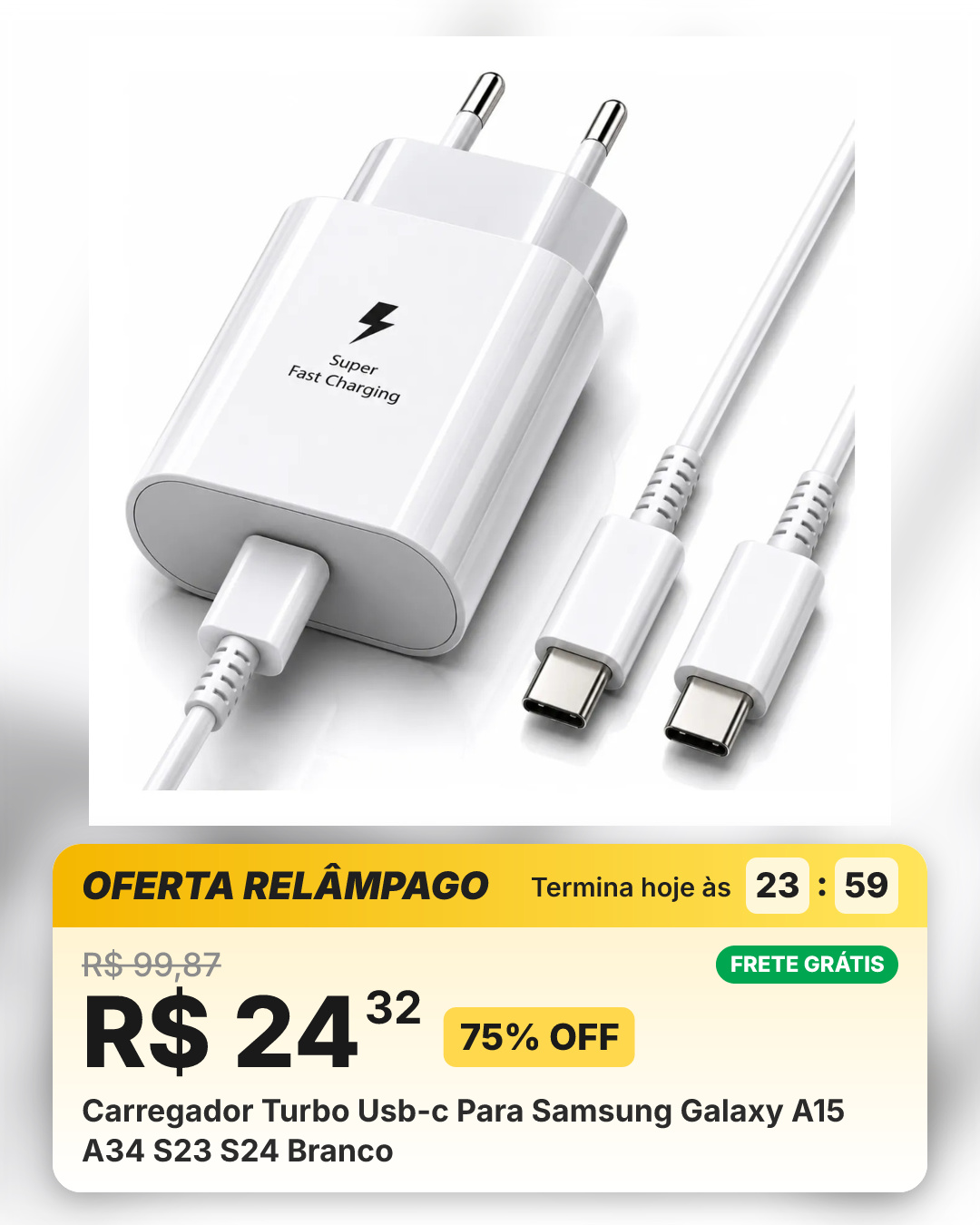 Carregador Turbo Usb-c Para Samsung Galaxy A15 A34 S23 S24 Branco