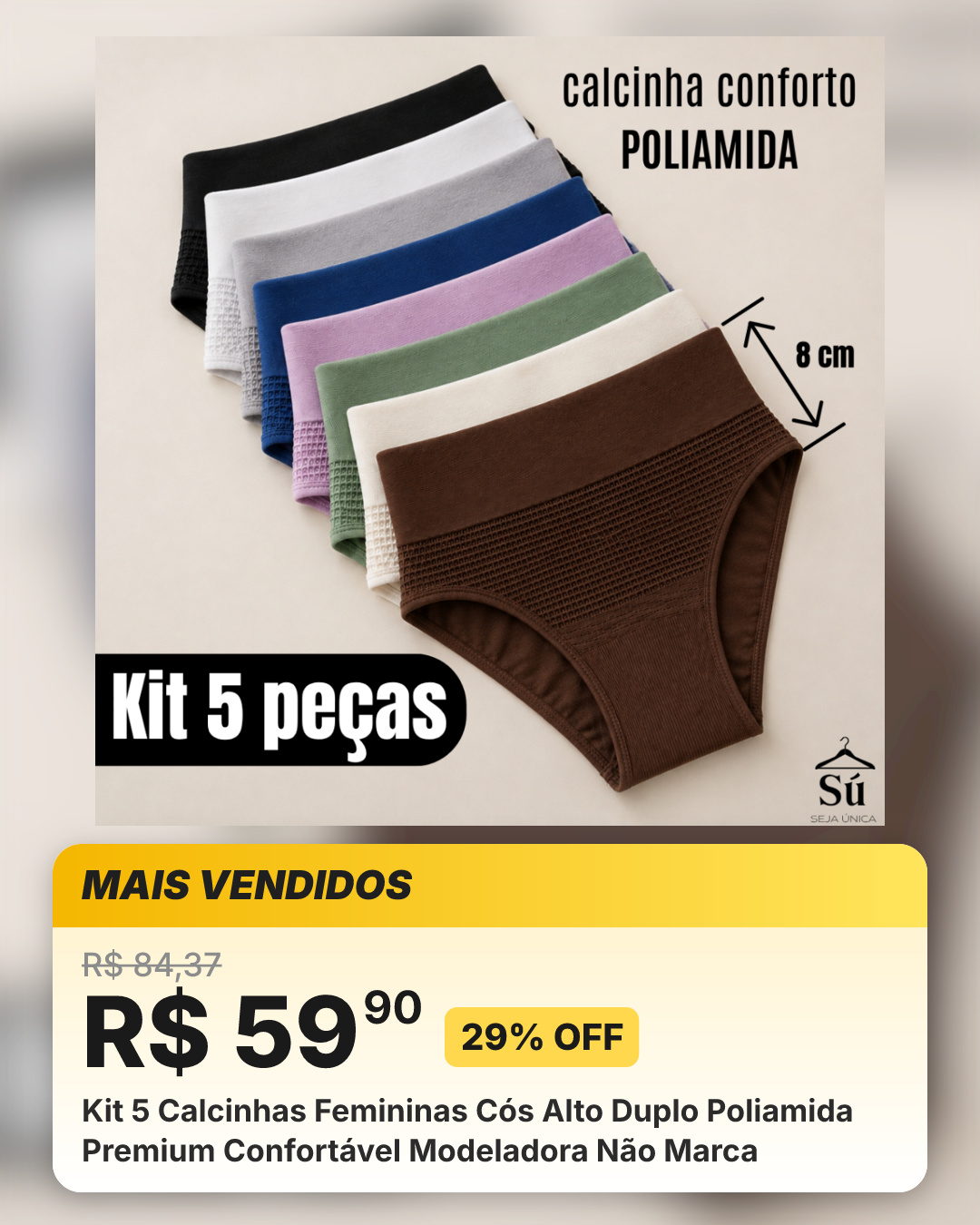 Kit 5 Calcinhas Femininas Cós Alto Duplo Poliamida Premium Confortável Modeladora Não Marca