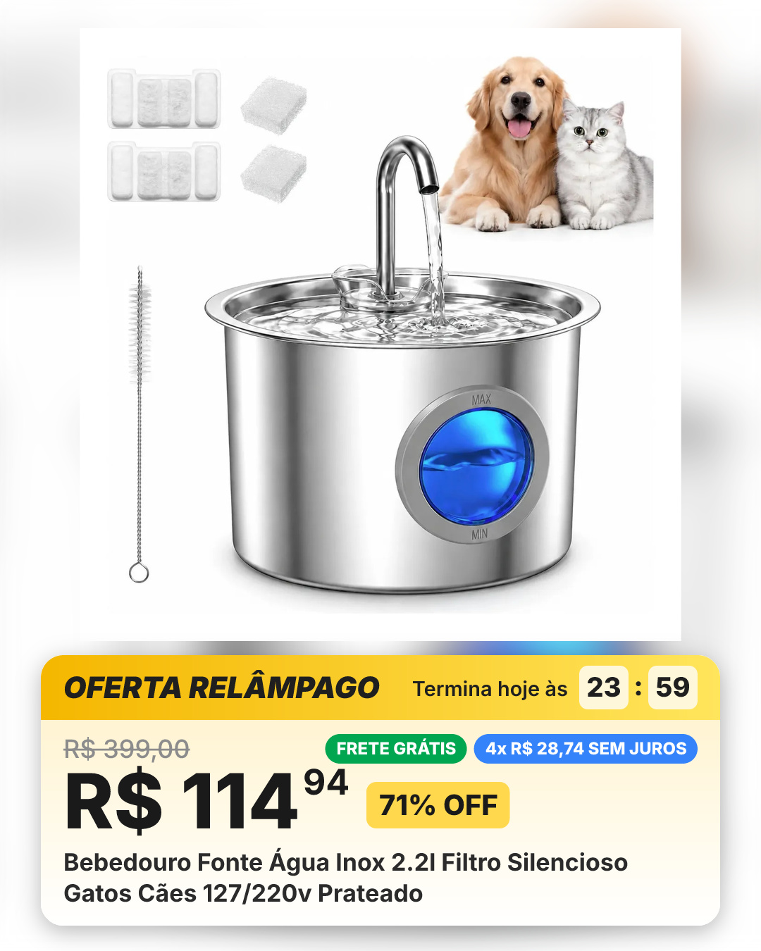 Bebedouro Fonte Água Inox 2.2l Filtro Silencioso Gatos Cães 127/220v Prateado