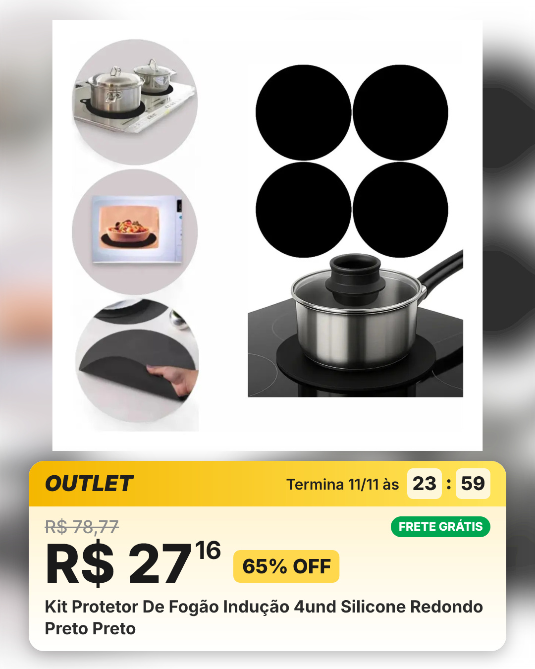 Kit Protetor De Fogão Indução 4und Silicone Redondo Preto Preto