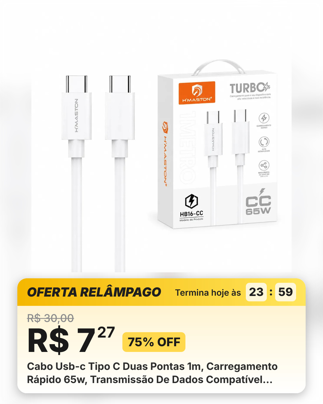 Cabo Usb-c Tipo C Duas Pontas 1m, Carregamento Rápido 65w, Transmissão De Dados Compatível Com iPhone Samsung Branco