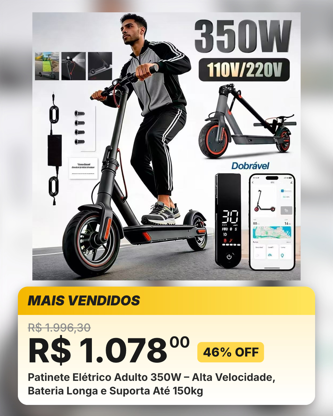 Patinete Elétrico Adulto 350W – Alta Velocidade, Bateria Longa e Suporta Até 150kg