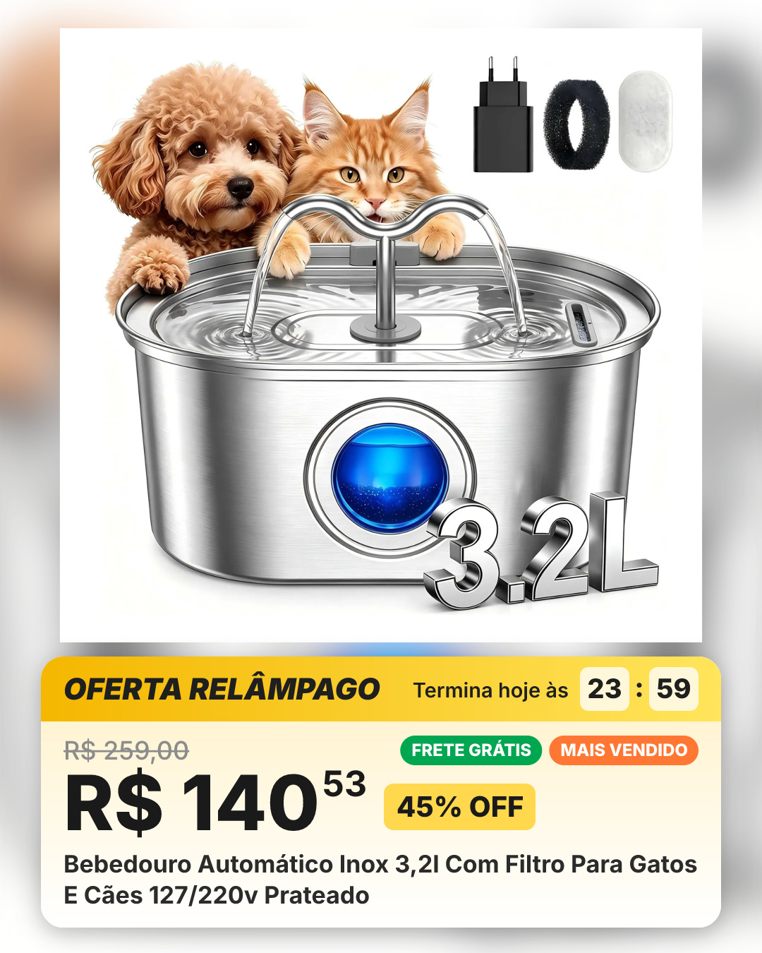 Bebedouro Automático Inox 3,2l Com Filtro Para Gatos E Cães 127/220v Prateado