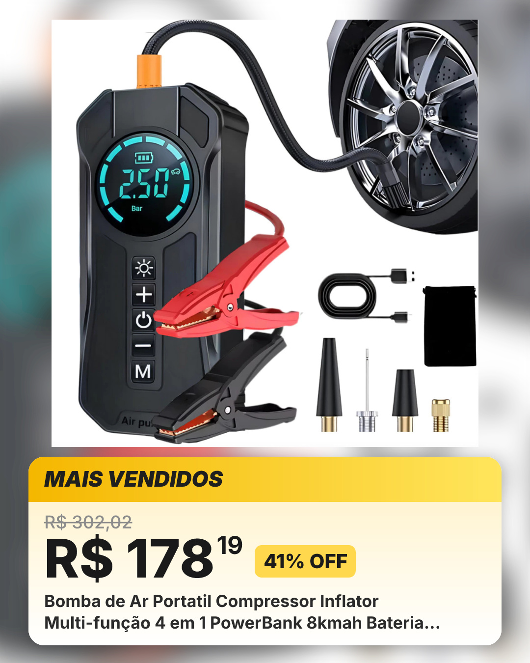 Bomba de Ar Portatil Compressor Inflator Multi-função 4 em 1 PowerBank 8kmah Bateria Calibrador de Carro Auto Pneu
