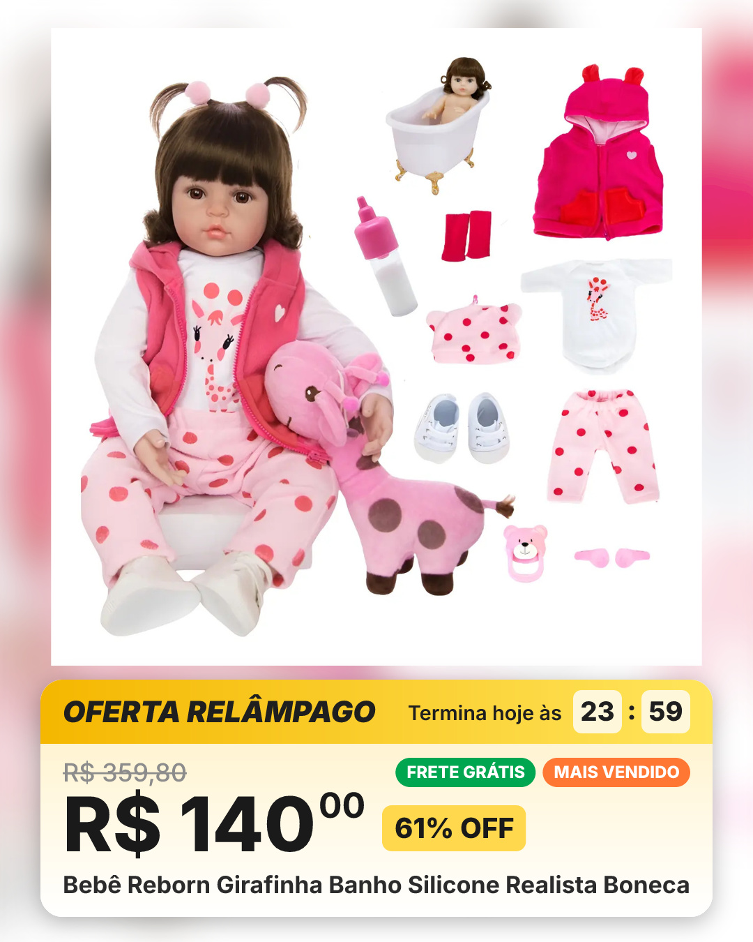 Bebê Reborn Girafinha Banho Silicone Realista Boneca