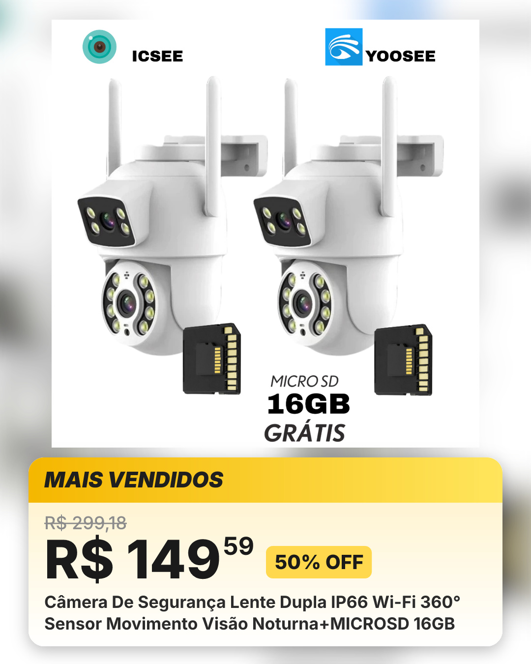Câmera De Segurança Lente Dupla IP66 Wi-Fi 360° Sensor Movimento Visão Noturna+MICROSD 16GB