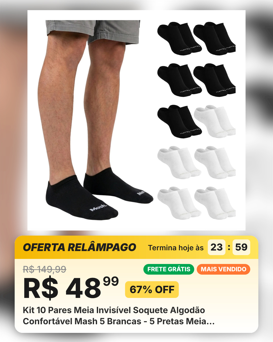 Kit 10 Pares Meia Invisível Soquete Algodão Confortável Mash 5 Brancas - 5 Pretas Meia Invisível Meia Cano Curto Meia Masculina Meia Feminina G ( 39 A 44 ) Meia Masculina Meia Feminina Meia Algodão