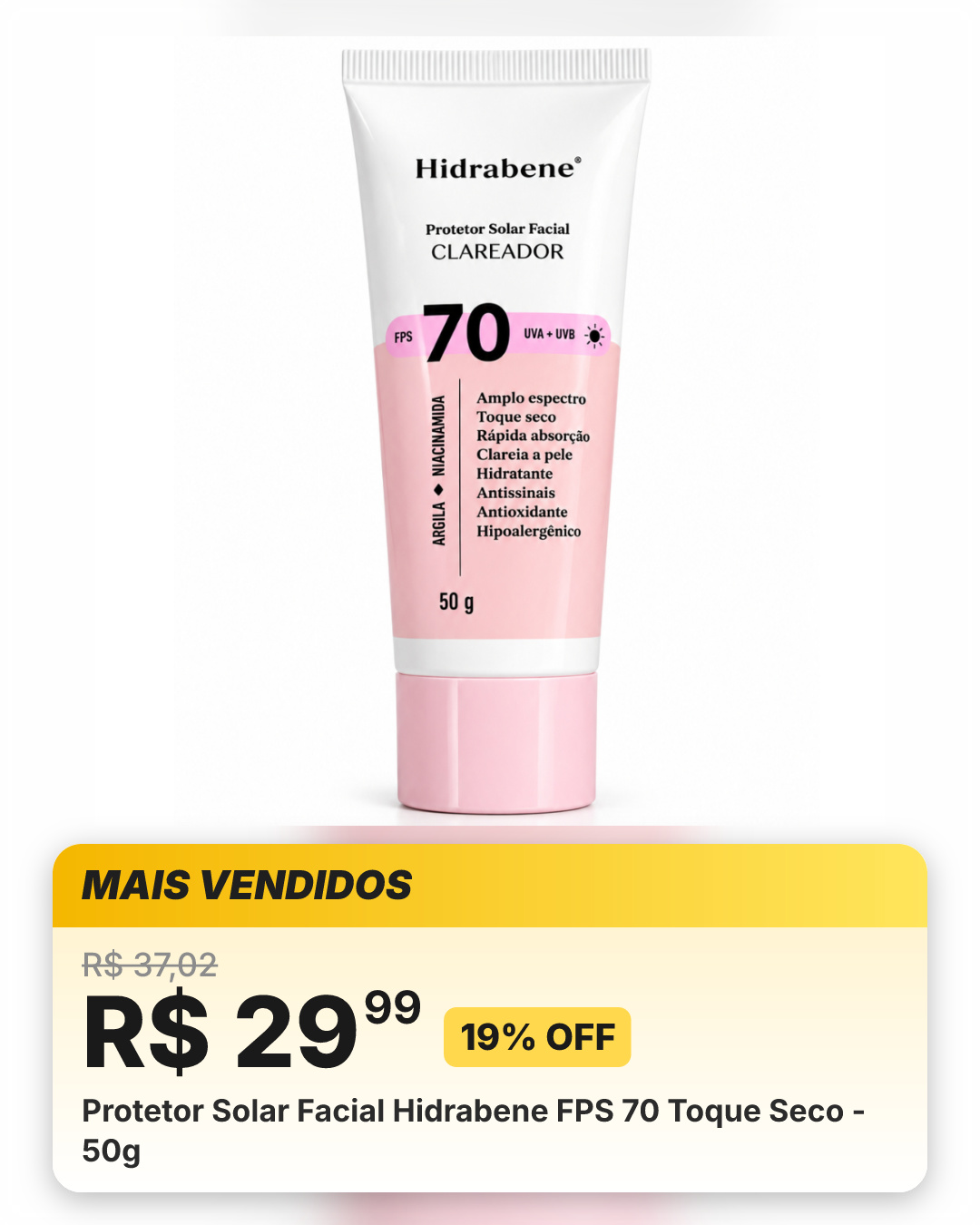 Protetor Solar Facial Hidrabene FPS 70 Toque Seco - 50g