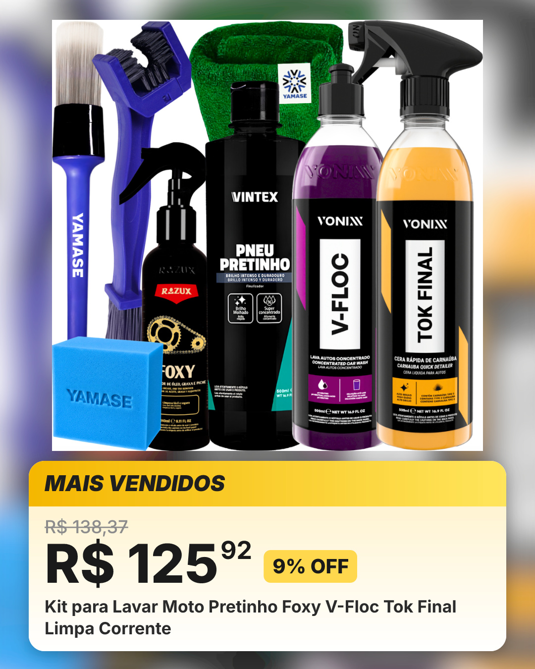 Kit para Lavar Moto Pretinho Foxy V-Floc Tok Final Limpa Corrente